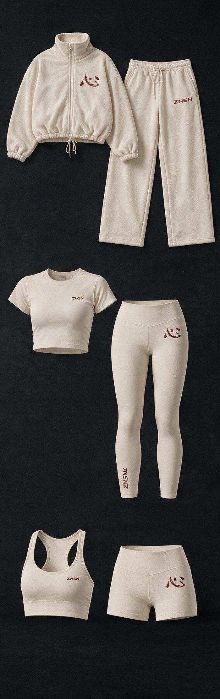 Ivory White: Fleecejacke und Jogginghose, Cropped Tee und Leggings, Bustier und Shorts